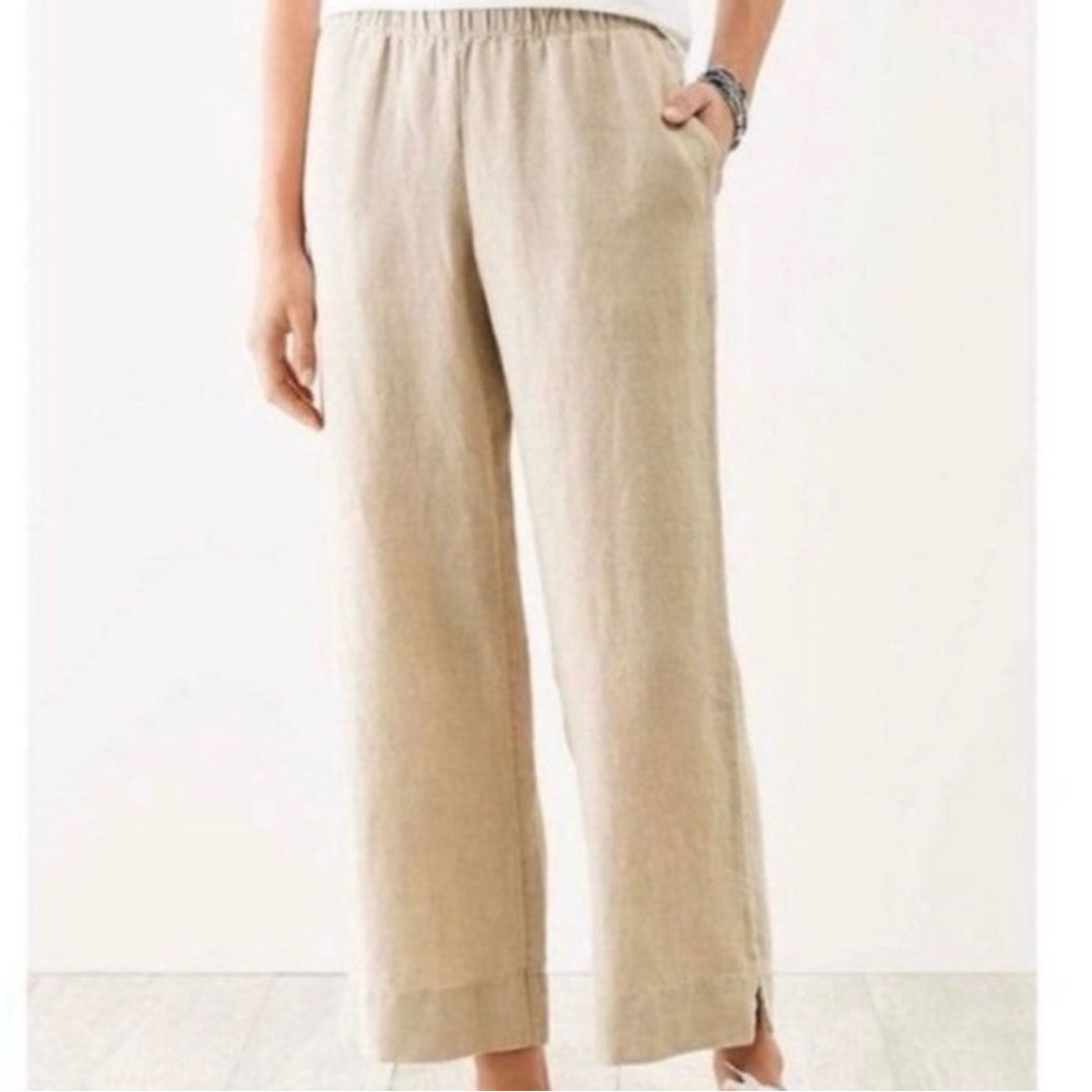 J Jill Love Linen Wide Leg Cropped Pants Womens Oatmeal Beige Elastic Waist. XS